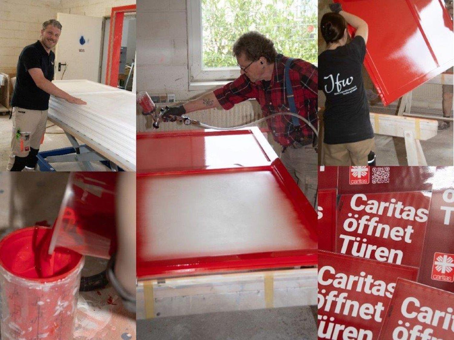 In einer Collage aus fünf Bildern wird die Entstehung einer roten Kampagnentür gezeigt, vom Rohling über das Anrühren der roten Farbe bis zum Anstrich.