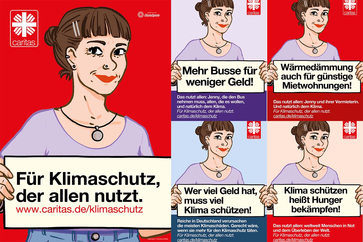 Fünf Plakate mit einer illustrierten Frau, die Schilder mit verschiedenen Klimaforderungen hochhält