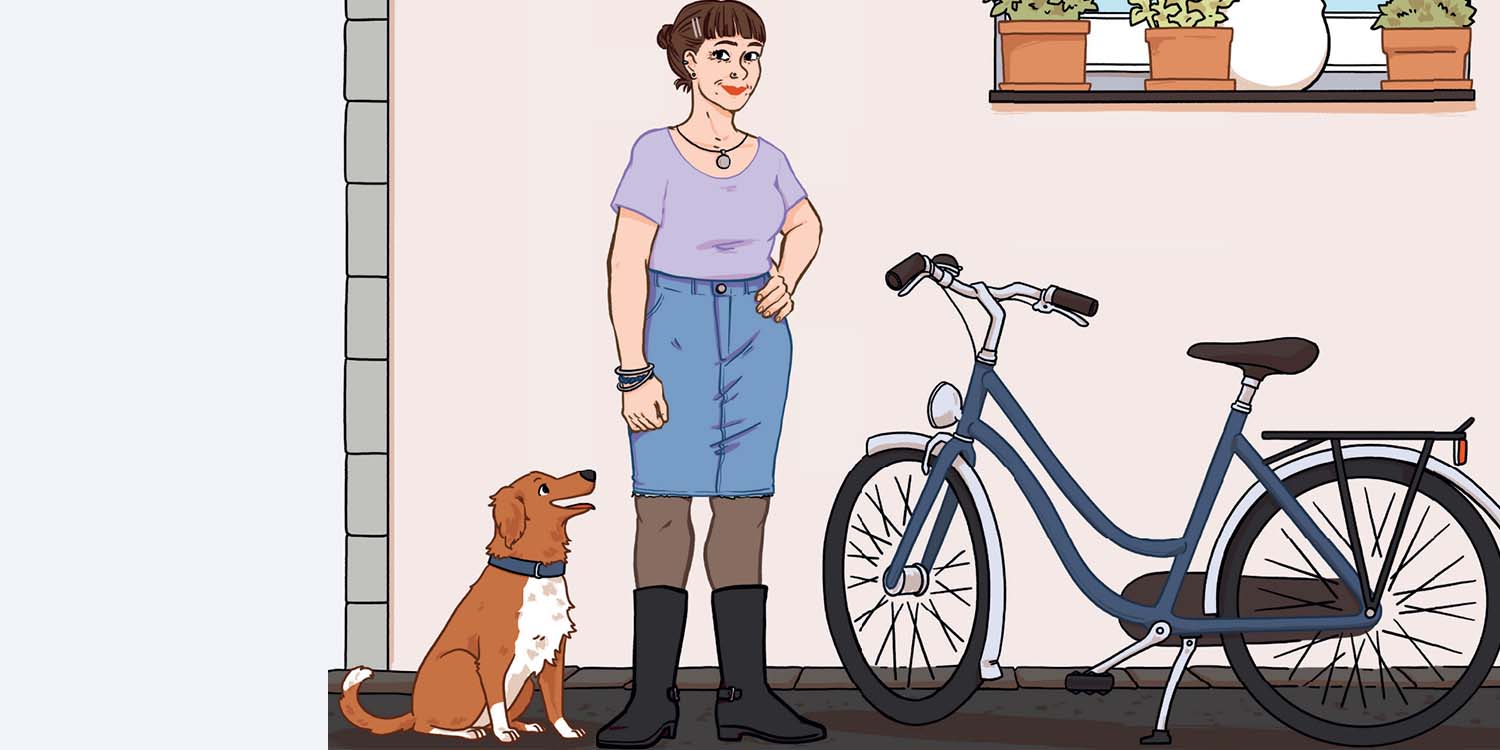 Illustration einer jungen Frau vor einer Hauswand. Daneben sitzt ein Hund.