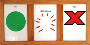 Drei Symbole in einem Holzrahmen: Ein grüner Punkt für 'Ja', rote Blitze für 'Schmerzen' und ein rotes X für 'Nein'.