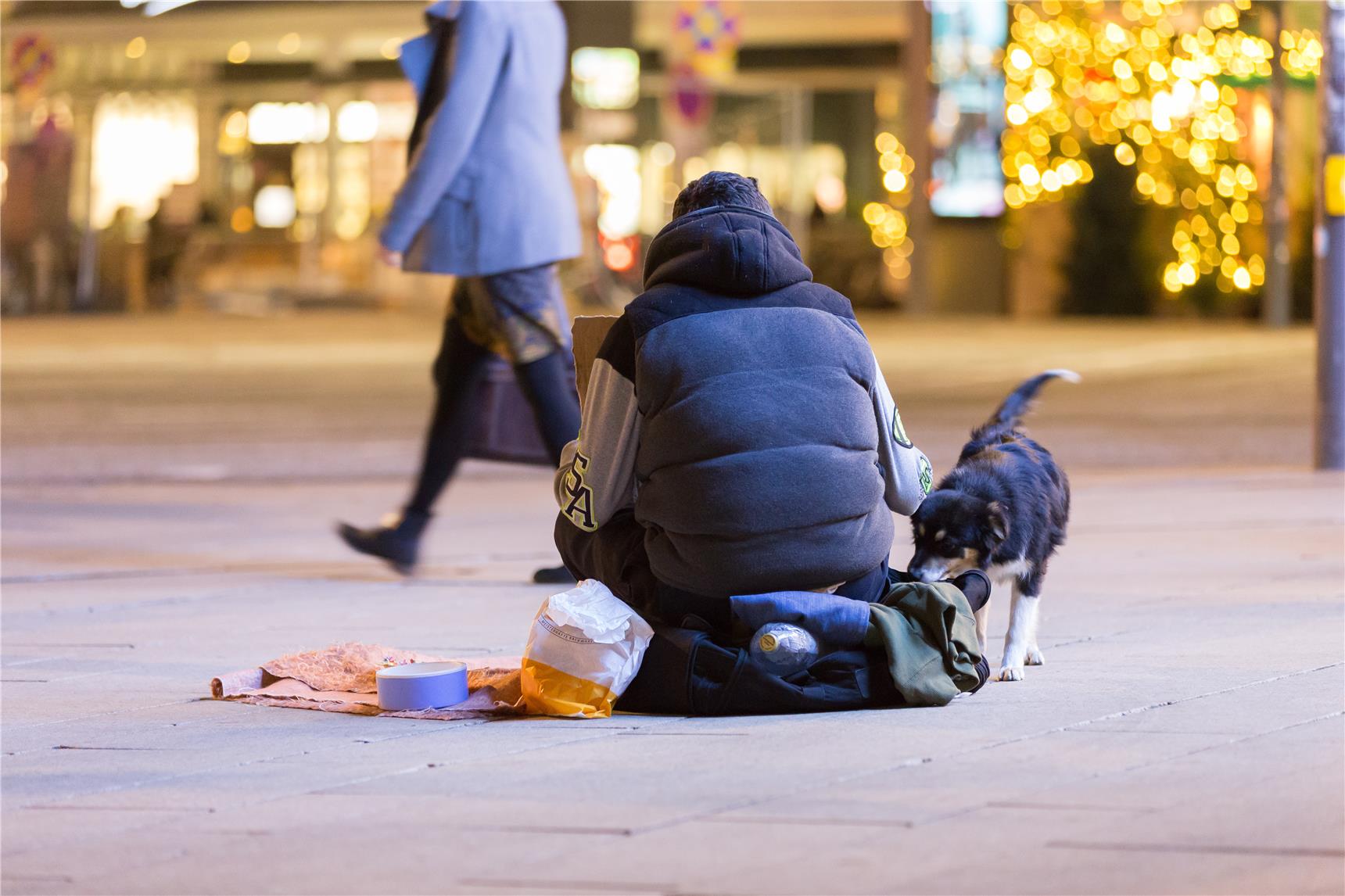 Obdachloser mit Hund von hinten