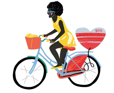 Eine gezeichnete Frau fährt Fahrrad.