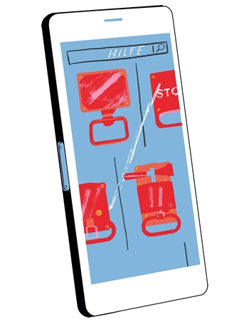 Ein illustriertes Handy auf dessen Bildschirm rote Notschalter zu sehen sind.