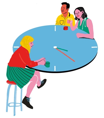 Drei gezeichnete Personen sitzen an einem Tisch, die Tischplatte ist eine Uhr.