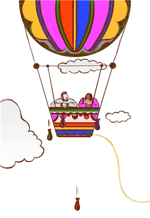 Die bunte Zeichnung zeigt einen Heißluft-Ballon, in dem zwei Passagiere miteinander reden. Zwei Sandsäcke lösen sich vom Ballon und fallen in die Tiefe.