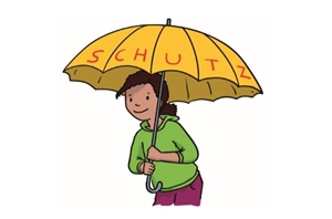 Die Zeichnung zeigt ein Mädchen, das über sich einen Schirm hält mit der Aufschrift SCHUTZ.