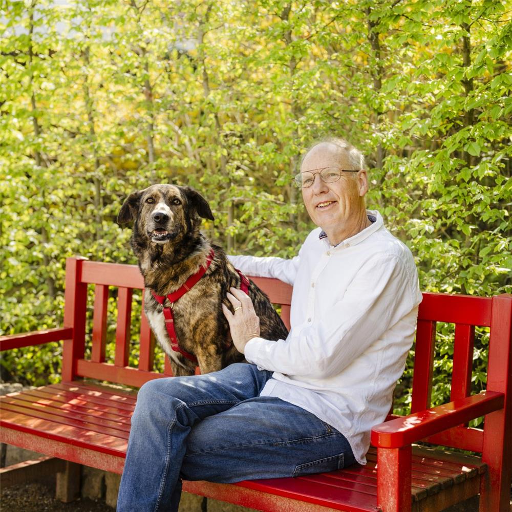 Mischlingshund Camino und sein Herrchen Christian Scharf sitzen gemeinsam auf einer Parkbank im Schatten.