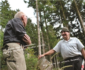 Johannes Hütten und Meinolf Mergheim  werden auf dem Mai-Kalenderblatt inmitten ihres geliebten Waldes gezeigt.