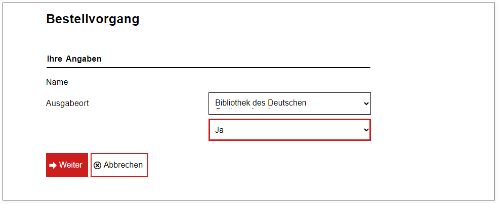 Screenshot der unvollständigen Bestellmaske im aDIS-OPAC