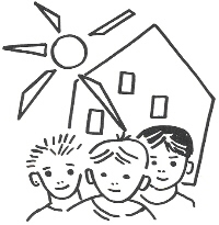 Strichzeichnung: Drei Kinder, im Hntergrund Haus und Sonne