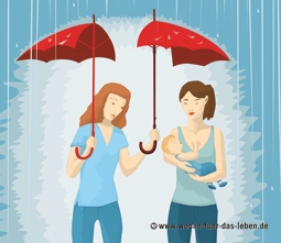 zwei Frauen unter halbiertem Regenschirm