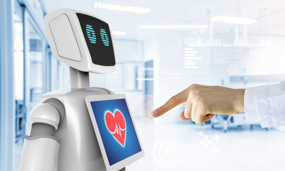 Finger zeigt auf Roboter mit Herzmonitor