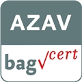 Quadrat mit runden Ecken, oberer Teil mit weißer Schrift AZAV T-1261-1 auf graugrünem Hintergrund, darunter in derselben Farbe bag, dann ein rotes Häcken und in Rot: cert. Es handelt sich um die Zulassung als Träger im Bereich Arbeitsförderung.