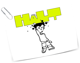 Ein Cartoon-Junge klammert sich von unten an das A in einem grünen Schriftzug Halt