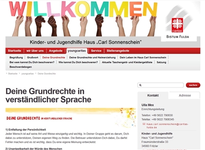 Screenshot des Online-Auftritts der „Kinder und Jugendhilfe Haus Carl Sonnenschein“ in Fritzlar: Deine Grundrechte