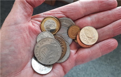 Auf einer offenen Hand liegen viele ausländische Münzen.