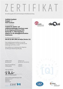 Das Zertifikat der Zertifizierungsstelle Cert iQ bescheinigt die Qualität der Arbeit der Fachklinik Haselbach. 