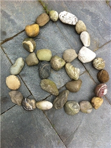 Ringe aus Steinen Auf einem Fliesenboden wurden aus handgroßen steinen drei ineinanderfließende Ringe gelegt.