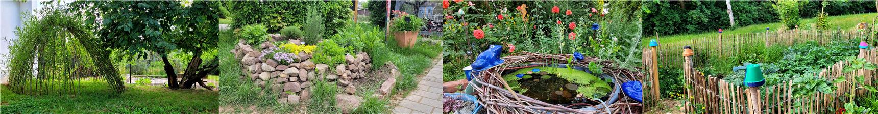Ein Gartenteich, eine Kräuterspirale, ein Weidenhaus neben einem großen Laubbaum und ein eingezäunter Bauerngarten mit Kräutern.