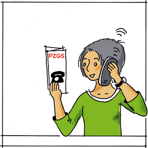 Illustration: Frau schaut in ein Caritas-Flugblatt und spricht in ein Telefon