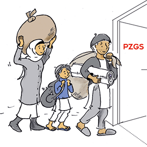 Illustration: Eine Flüchtlingsfamilie sucht psychische Beratung im PZGS