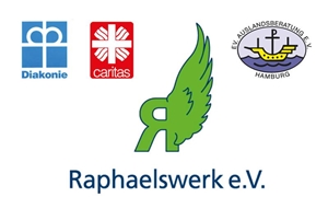 Bundeszentrale Koordination Logo Logo günblaues R mit Flügel für Raphaelswerk, rotes Flammenkreuz Caritas, blaues Schleifenkreuz Diakonie, blaues Schiff Evangelische Beratungsstelle Hamburg
