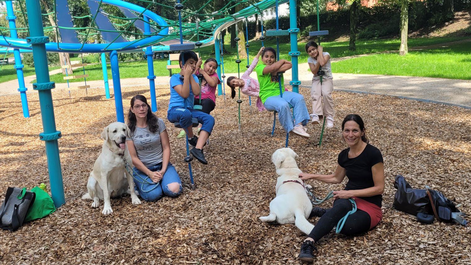 Kinder und 2 Hunde in einem Badepark
