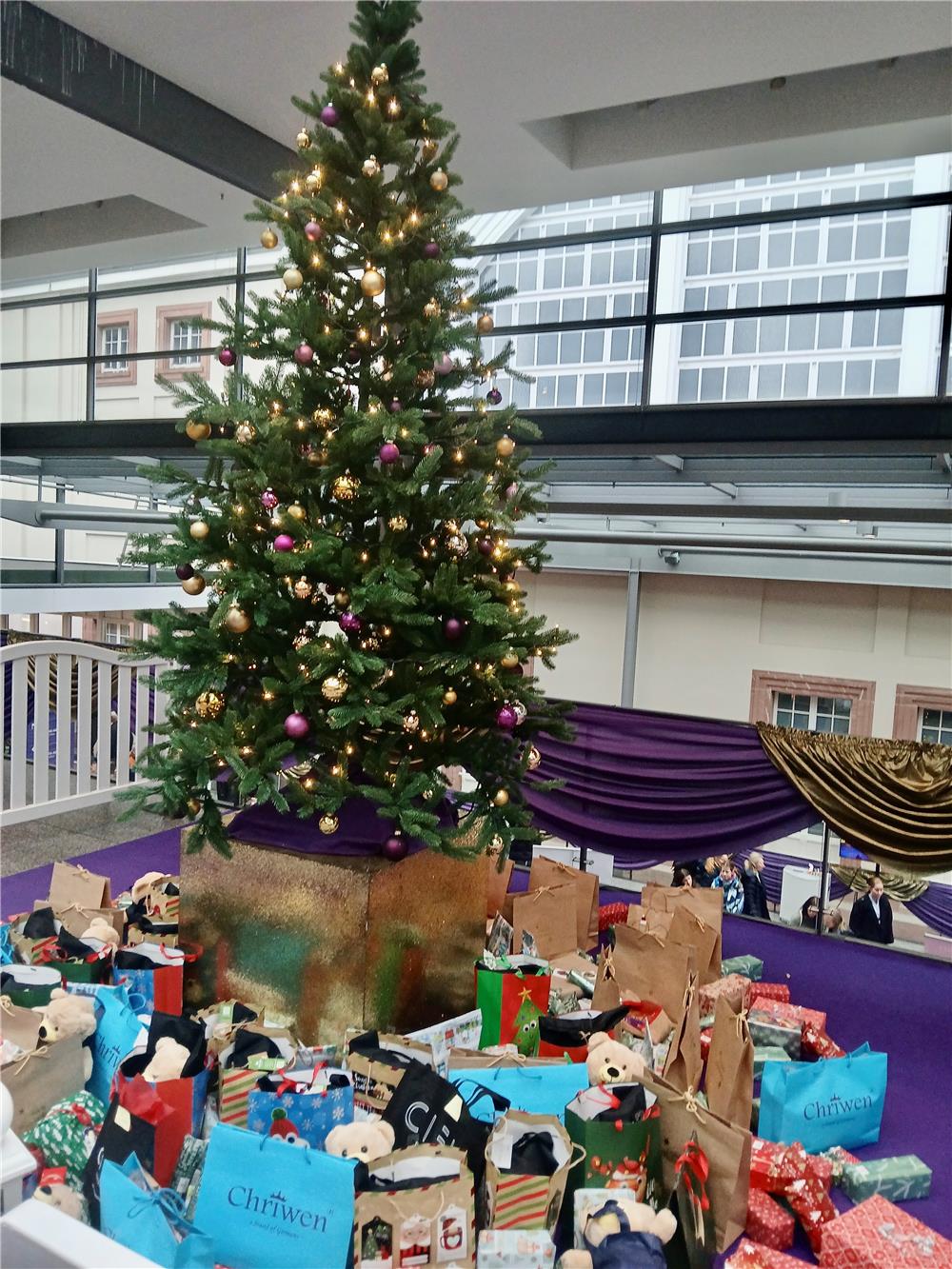 Das Foto zeigt einen geschmückten Weihnachtsbaum mit Geschenken drunter.