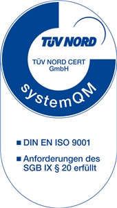 Zertifikat system QM ovaler blauer Kreis mit Schriftzug system QM