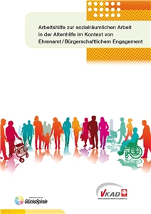 Cover Arbeitshilfe sozialräumliche Arbeit - Artwork: Büro Magenta Cover Arbeitshilfe sozialräumliche Arbeit mit Grafik einer Zusammenkunft von Menschen