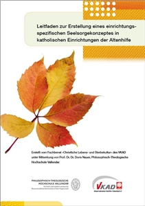 Leitfaden Erstellung einrichtungsspezifisches Seelsorgekonzept - Artwork Büro Magenta Coverseite der Broschüre mit Titel und Herbstblättern