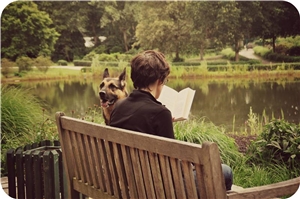 Eine Person sitzt lesend auf einer Bank mit Hund.