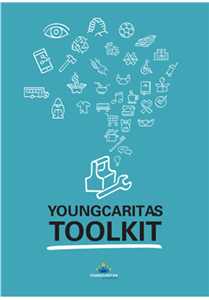 Hellblaue Broschüre mit der Aufschrift youngcaritas Toolkit