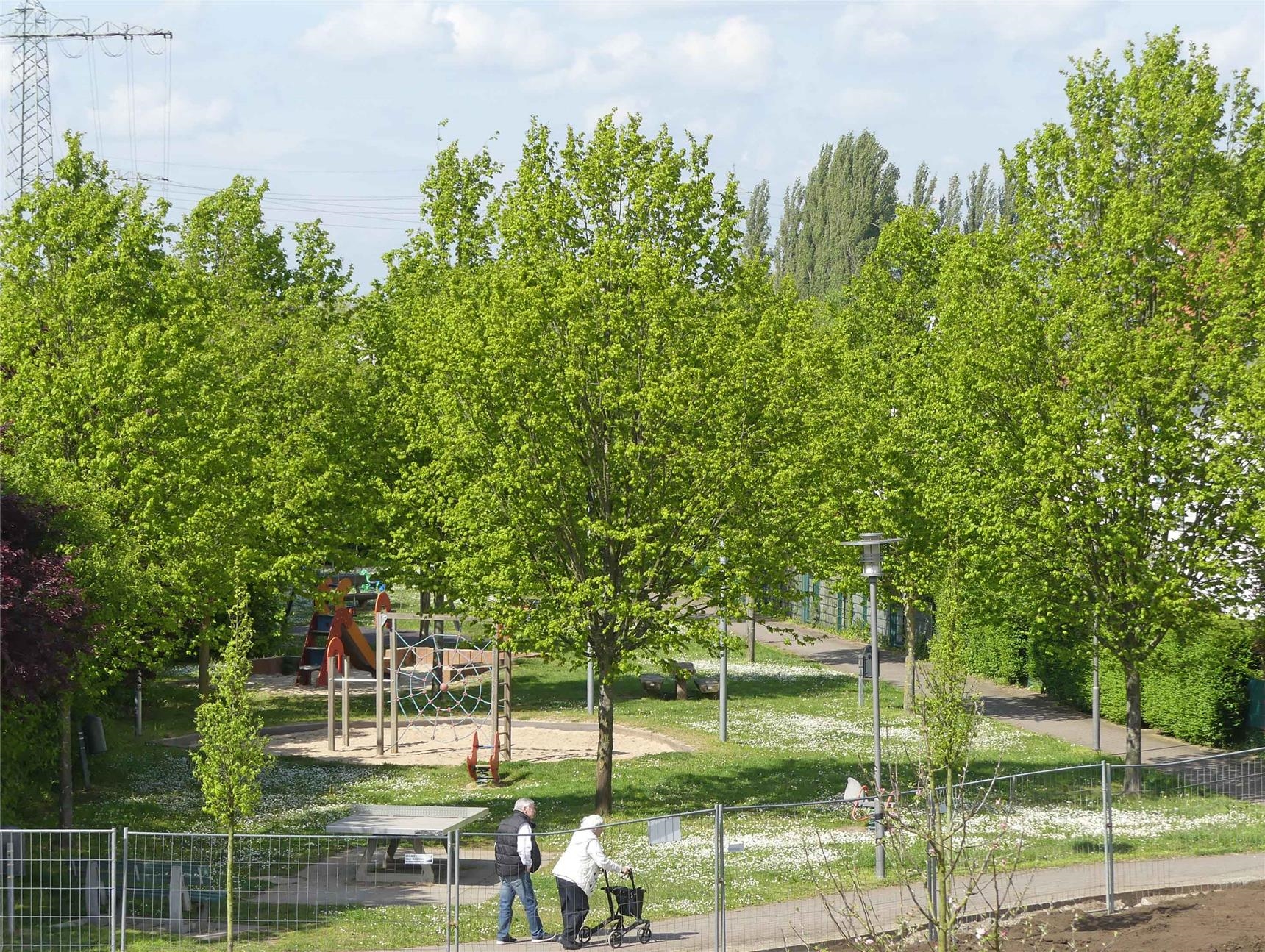 Blick von Haus Raphael auf eine öffentliche Grünanlage, die an den Garten des Hauses anschließt (Foto: © Caritas Offenbach / Sabine Schilha)