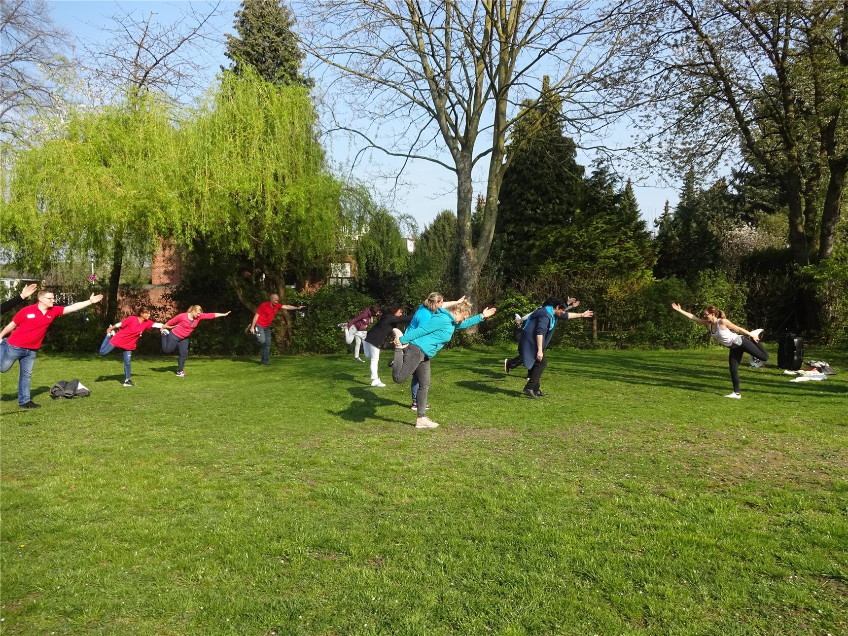 Mehrere Personen machen auf einer grünen Wiese Yoga-Übungen (Seniorenzentrum St. Bonifatius)