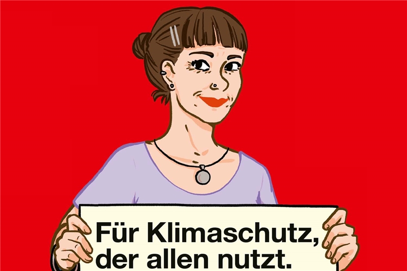 Illustration einer Frau mit einem Schild in der Hand, auf dem steht "Klimaschutz, der allen nutzt"