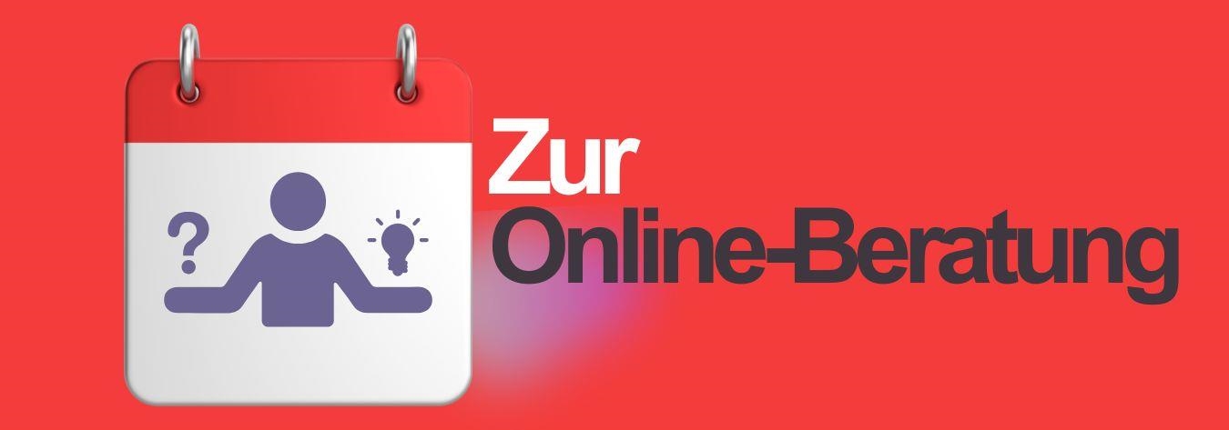 Roter Banner mit dem Text: Zur Online-Beratung. Dieser Banner ist verlinkt.