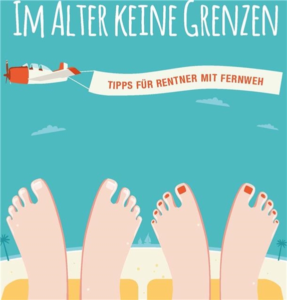 Titelbild der Broschüre nackte Füße am Strand, Flugzeug mit Werbebanner