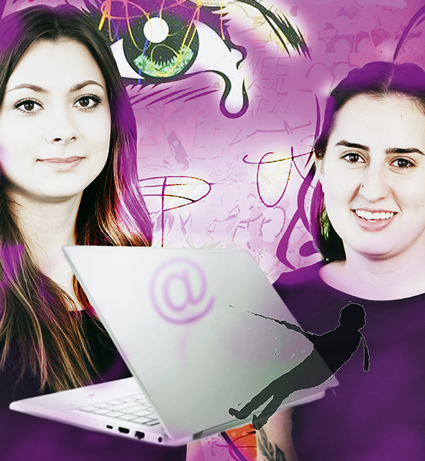 Ilayda Bostancieri und Ann-Marie Bappert von einem violetten Hintergrund mit Zeichnungen und einem Augen-Graffiti. Im Vordergrund ist ein aufgeklapptes Notebook zu sehen.