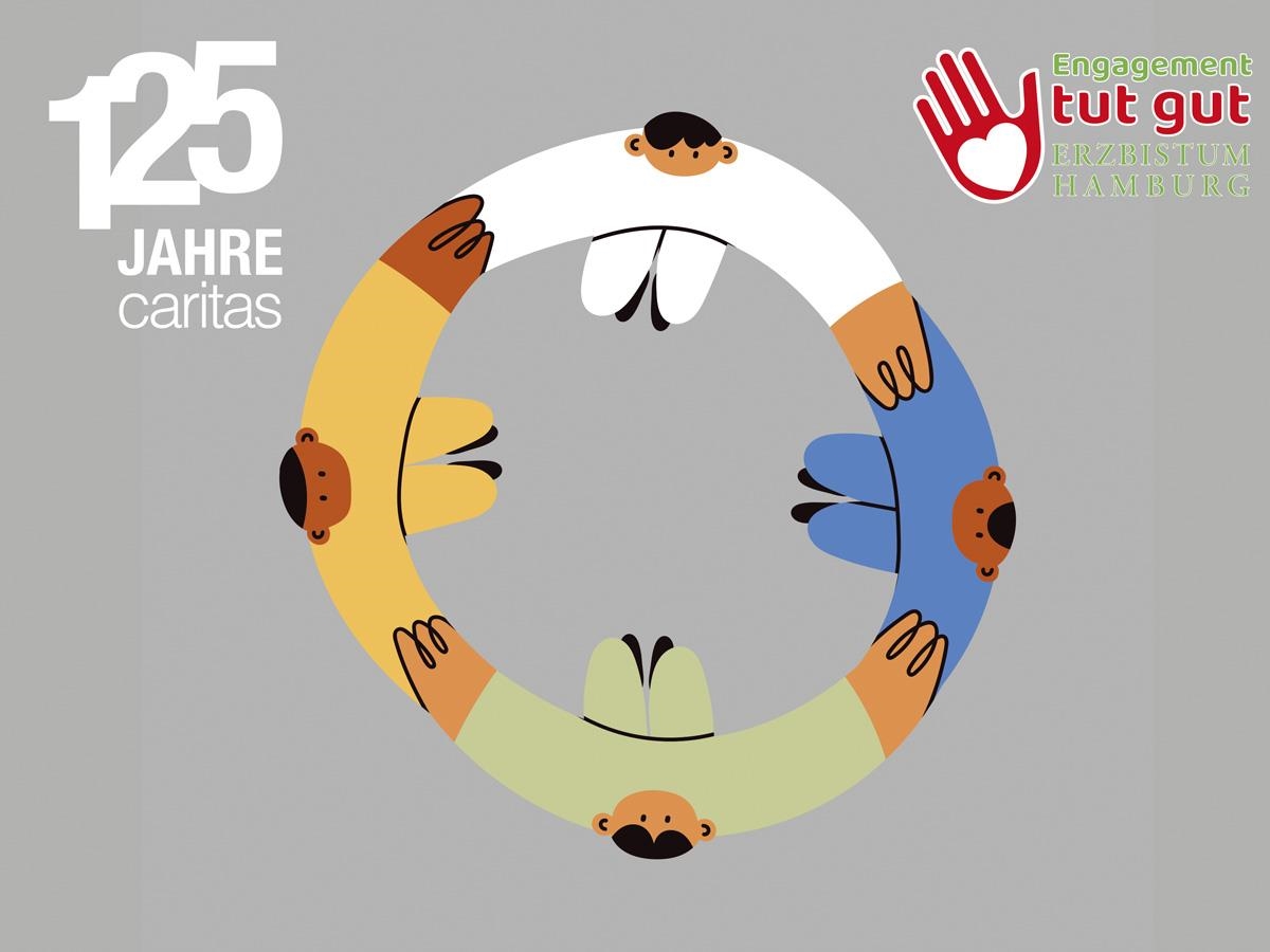 Zeichnung von vier Menschen, die einen Kreis bilden mit den Logos von Caritas und Woche des kirchlichen Engagements