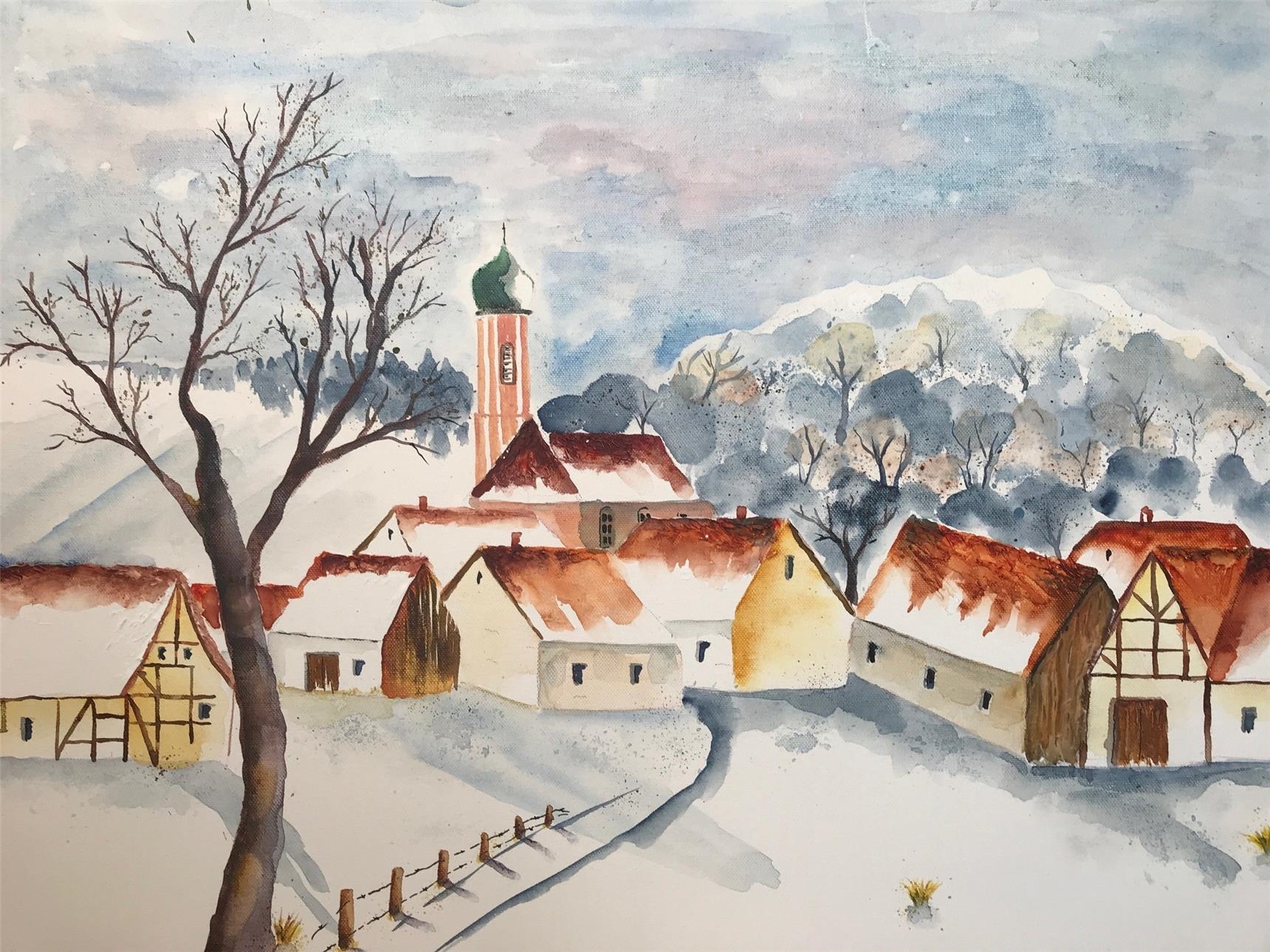 ein Gemälde zeigt ein Dorf 
