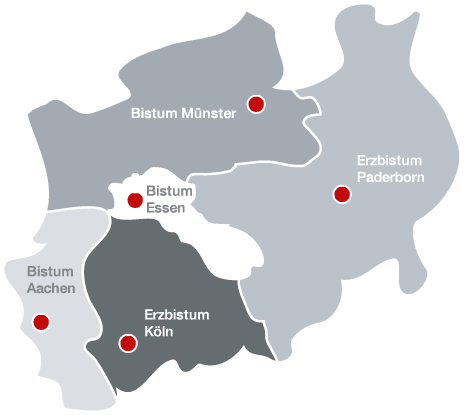 NRW-Karte mit Bistumsgrenzen und Benennung der Bistümer