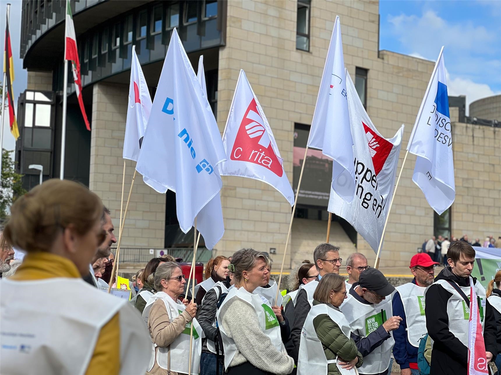 Menschen mit weißen LAG-Westen und Fahnen protestieren vor dem Düsseldorfer Landtag.