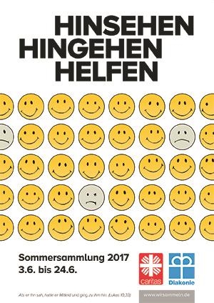 Das Plakat zeigt viele Smilies und das Motto "hinsehen - hingehen - helfen"