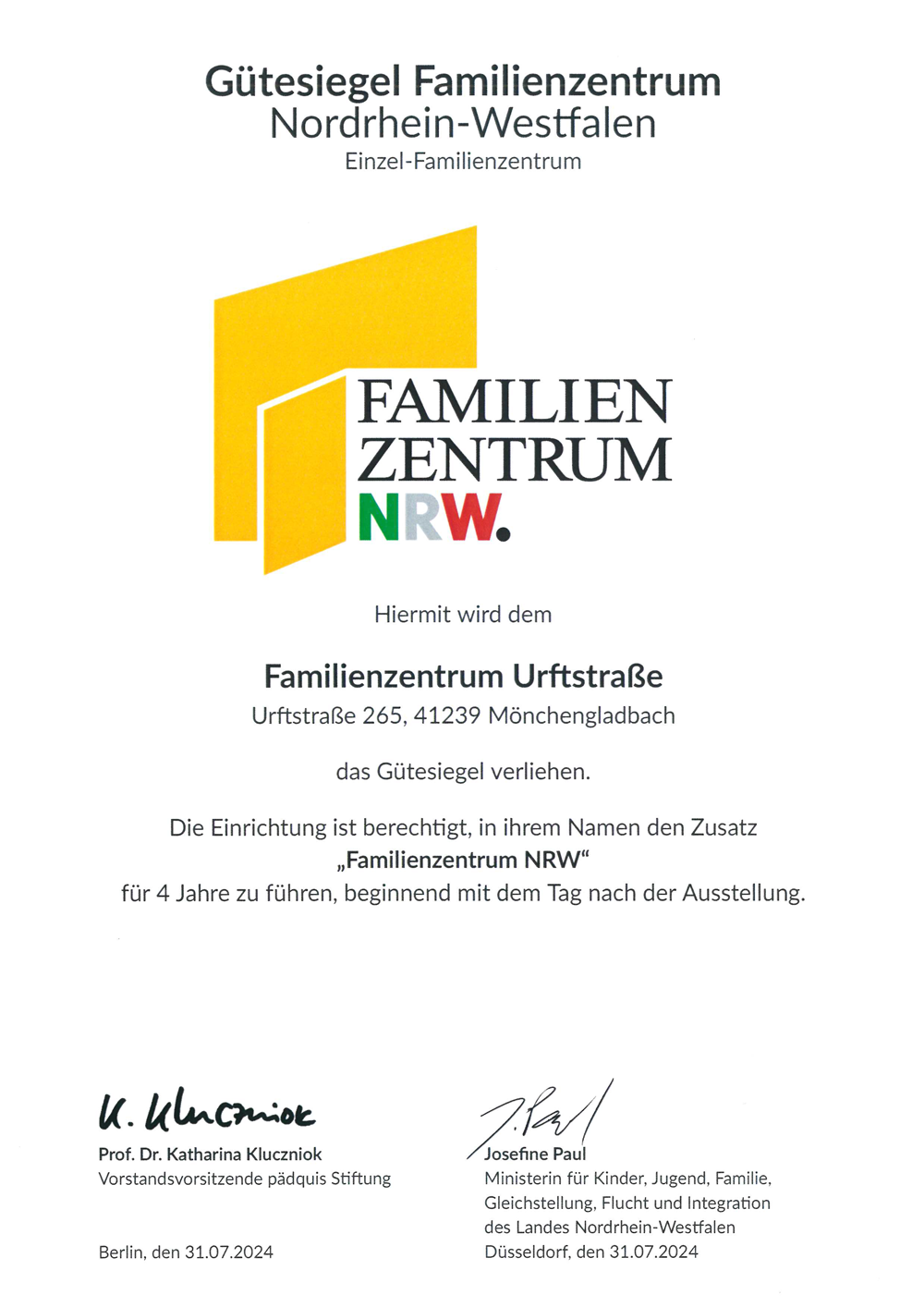 Gütesiegel Familienzentrum NRW