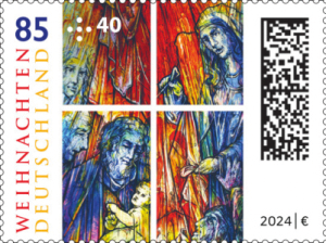 Die Weihnachtsbriefmarke 2024 'Himmlisches Licht' mit einem Ausschnitt aus dem 'Weihnachtsfenster' der Abtei im saarländischen Tholey