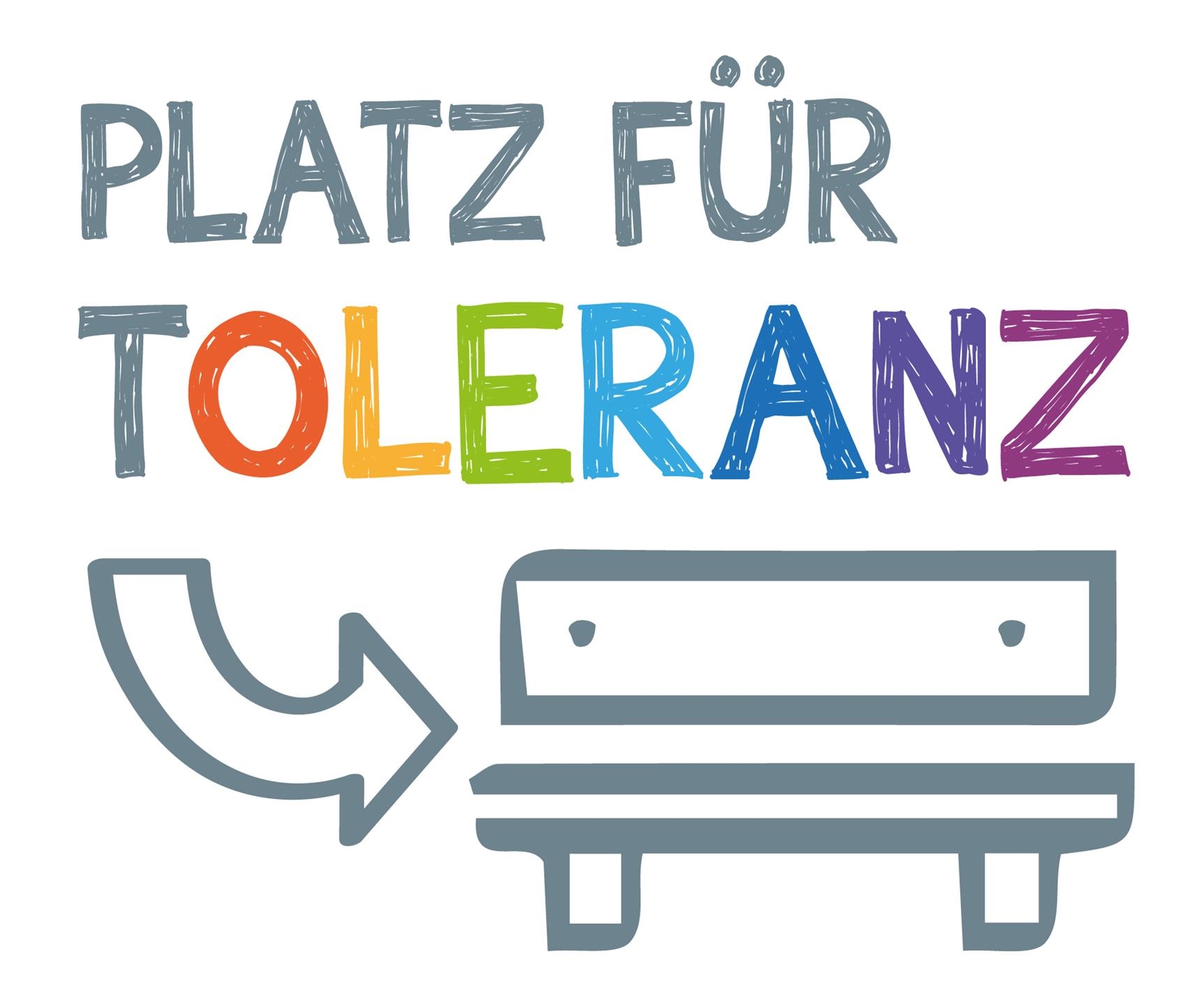 Schriftzug "Platz für Toleranz", Pfeil und gezeichnete Bank