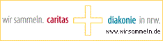 Banner mit Schriftzug "wir sammeln" und den farbigen Logo-Schriftzügen Caritas und Diakonie.