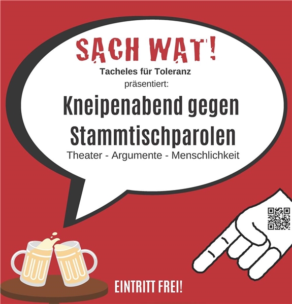 "Sach wat"-Logo auf rotem Hintergrund