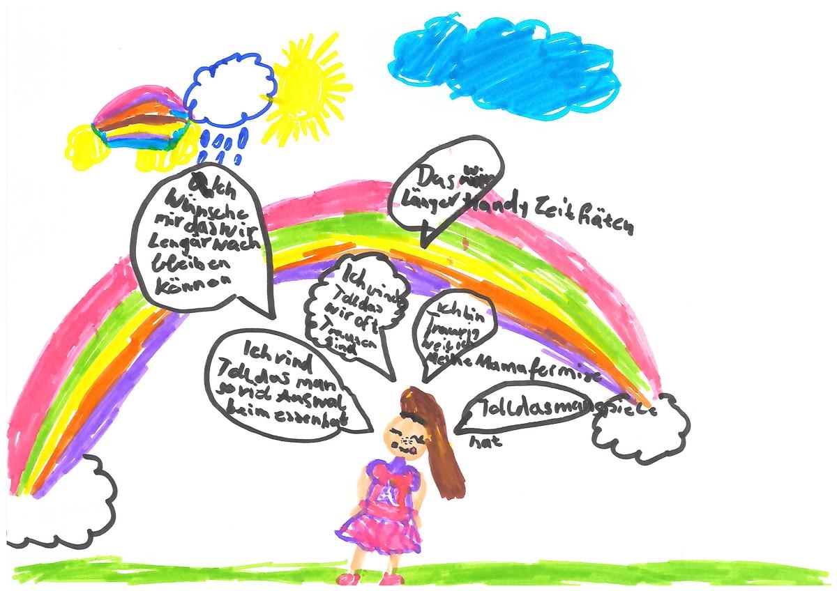 Bunte Kinderzeichnung eines Mädchens im Freien mit Regenbogen (AGkE)